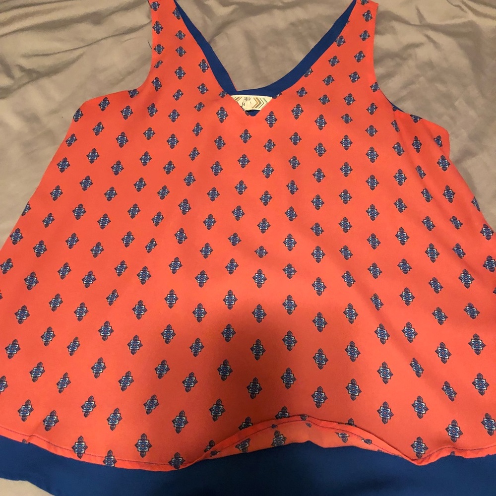“Layered” Pink Aztec over blue tank